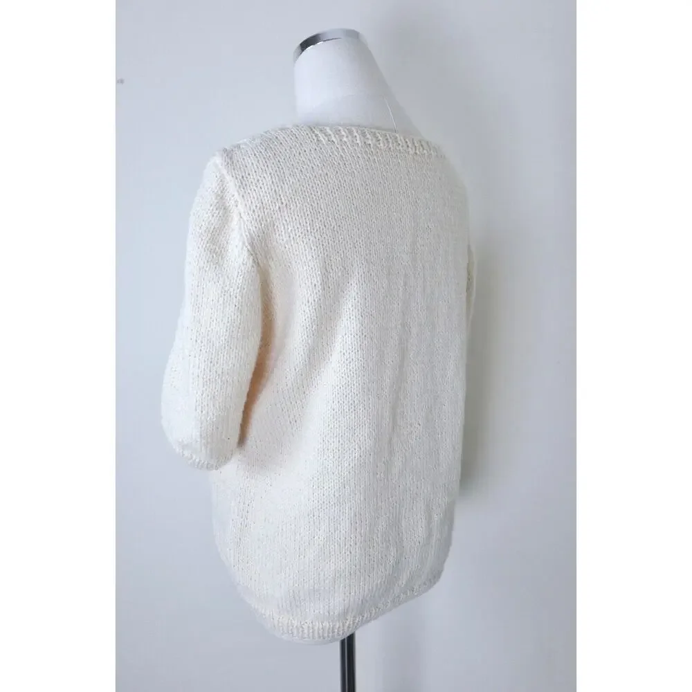 Handmade Cottagecore Short Sleeve Sweater Top Square Neck Cream Cable Knit - Picture 10 of 12